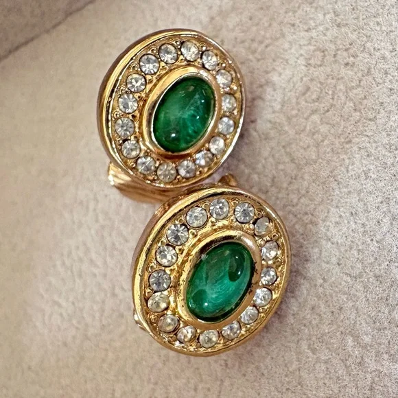 Dior Gold-Tone Earrings with Green Cabochons and Clear Crystals - Picture 3 of 6